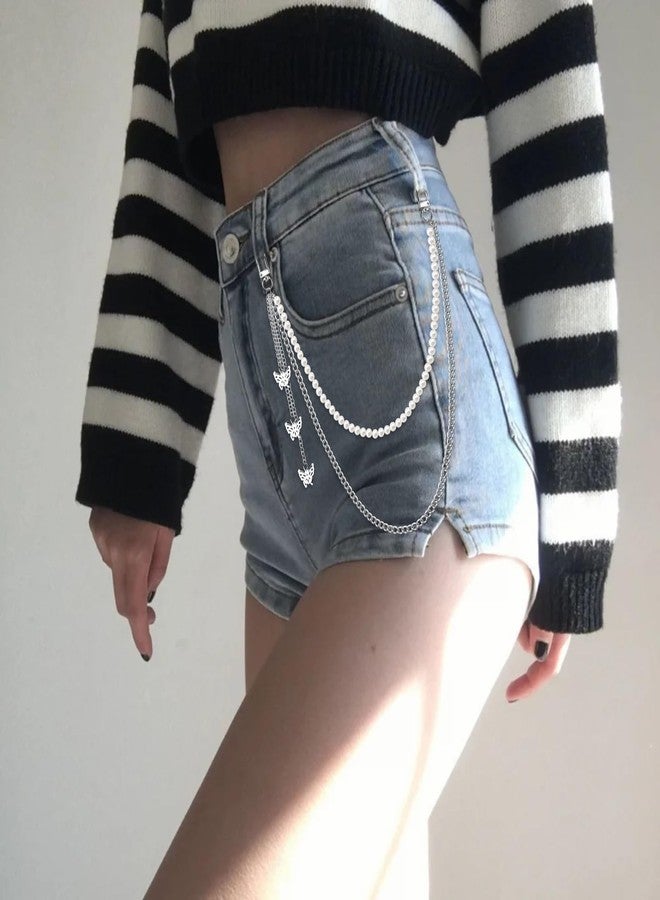 QFSH Goth Pants Chain Pearls Belt Chain for Women y2k Butterfly Jeans Chain Punk Trouser Chain Silver Wallet Pocket Chain Acessories - Image 4